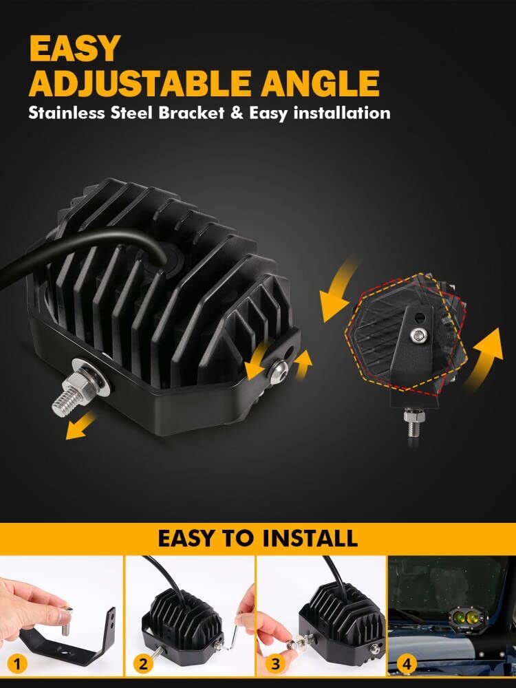 Auxbeam 4 Inch Amber Fog Light, 60W Square Pod With 5050 Led Yellow Spot Lens Beam Offroad Driving For Jeep Motorcycle Suv Truck