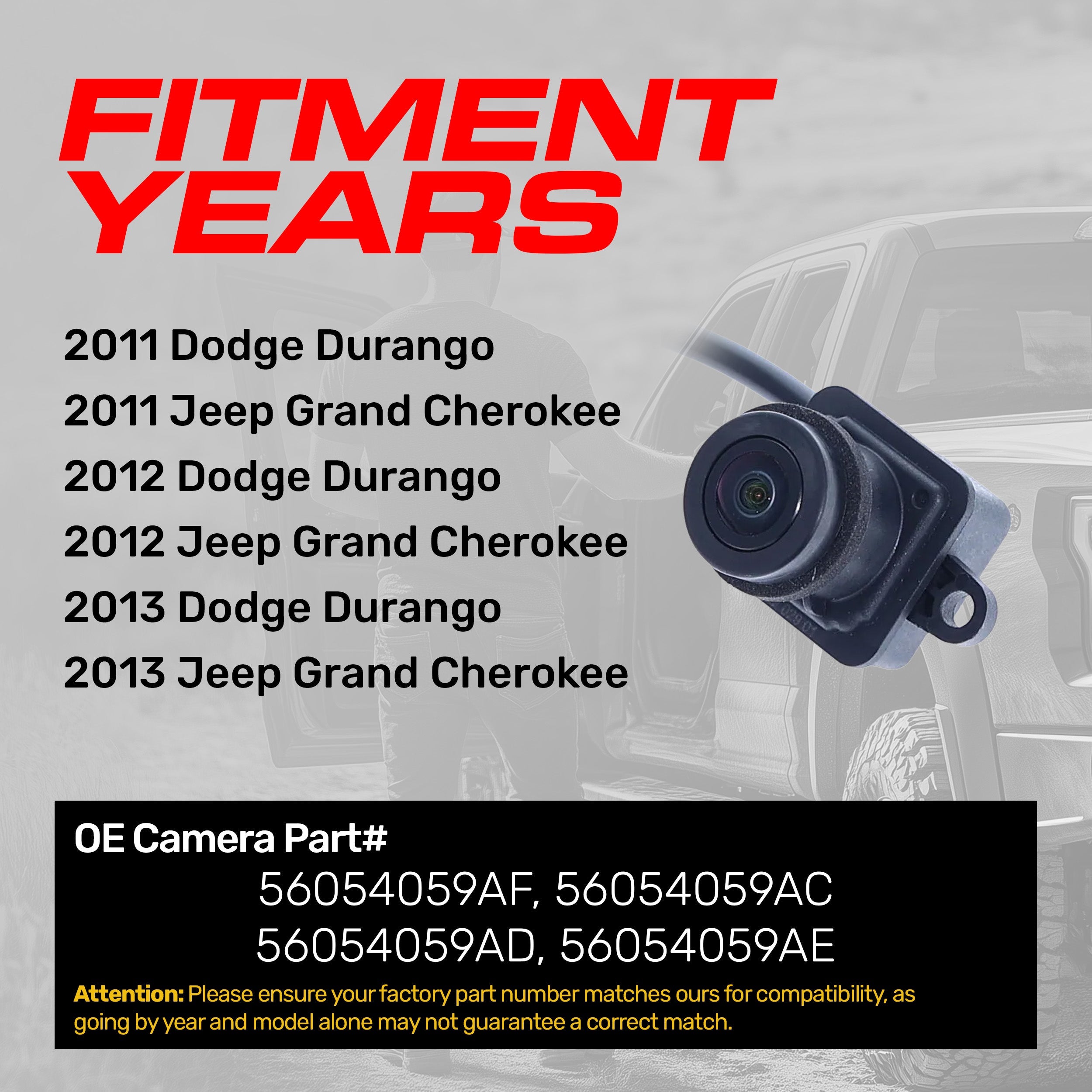 Dodge Durango / Jeep Grand Cherokee (2011-2013) OEM Replacement Backup Camera OE Part # 56054059AC, 56054059AD, 56054059AE, 56054059AF