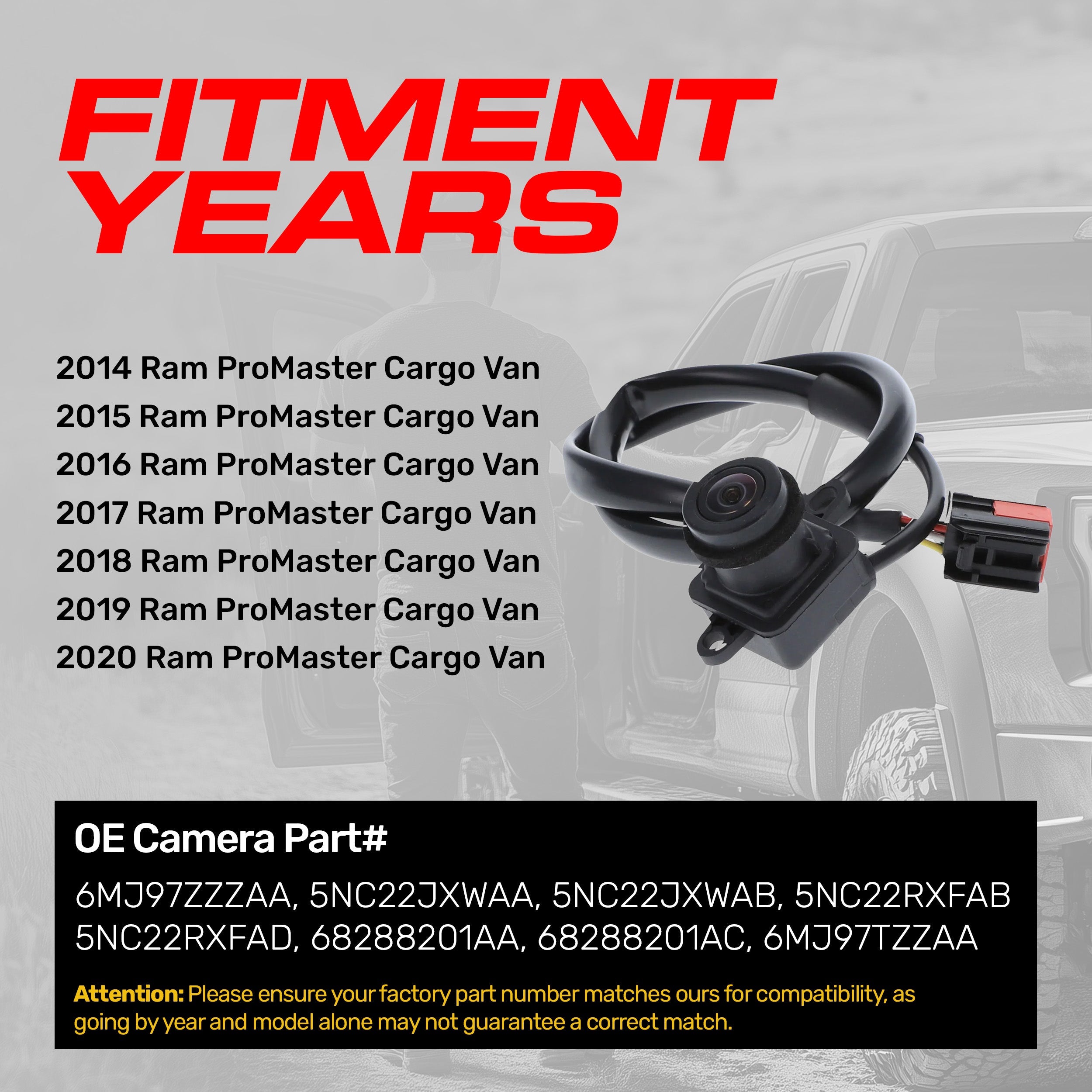 Ram ProMaster Cargo Van (2014-2020) OEM Replacement Backup Camera OE Part # 5NC22JXWAA, 5NC22JXWAB, 5NC22RXFAB, 5NC22RXFAD, 68288201AA, 68288201AC, 6MJ97TZZAA, 6MJ97ZZZAA