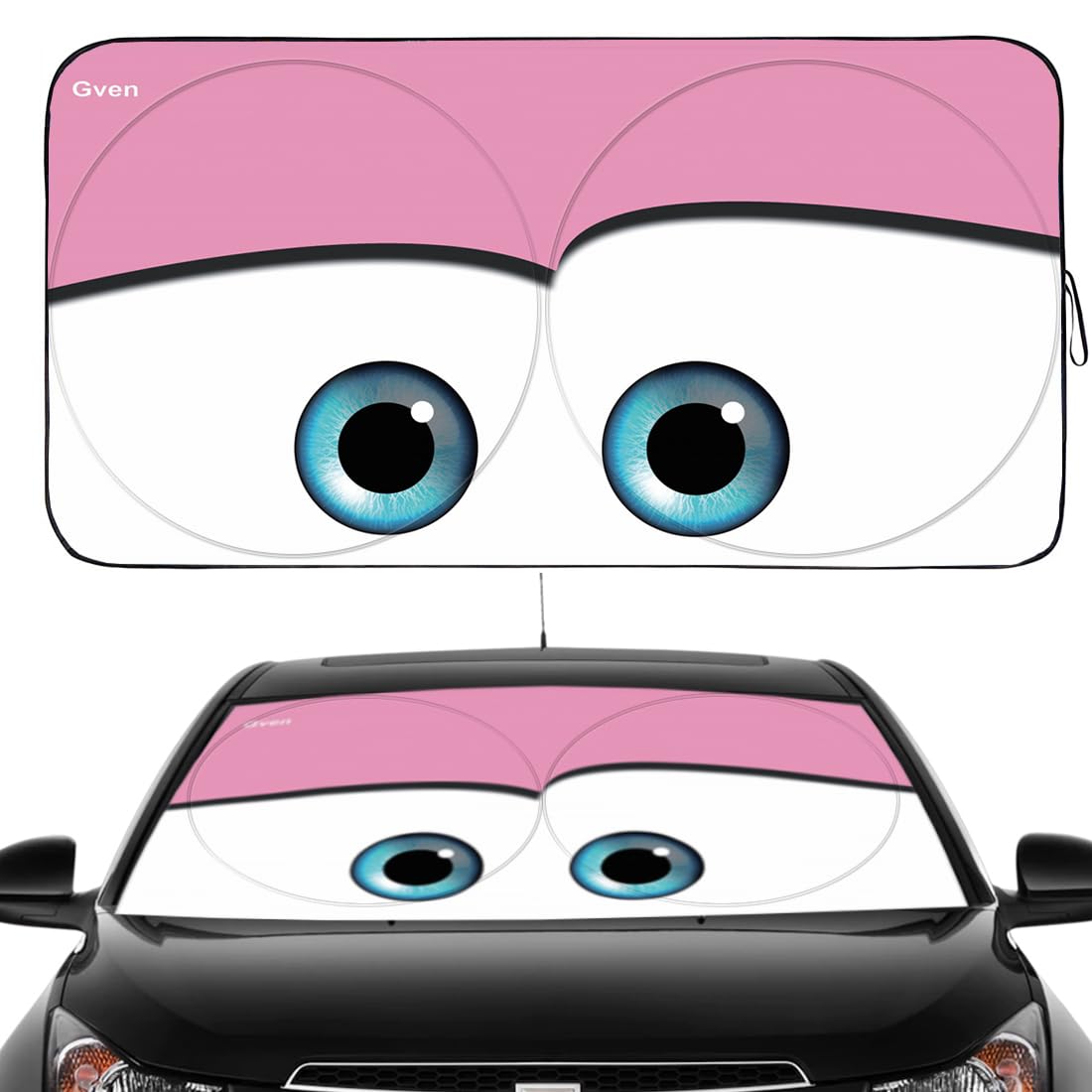 Gven Windshield Shade - Funny Car Eyes Sunshade, UV Blocker, Large Size, Pink