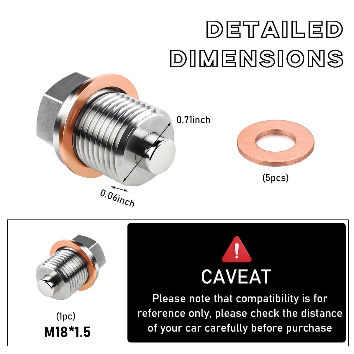 Dickno M18  1.5 Magnetic Oil Drain Plug, Aluminum Stainless Steel Sump Drain Nut Bolt with 5 Copper Crush Washer, Universal Leak