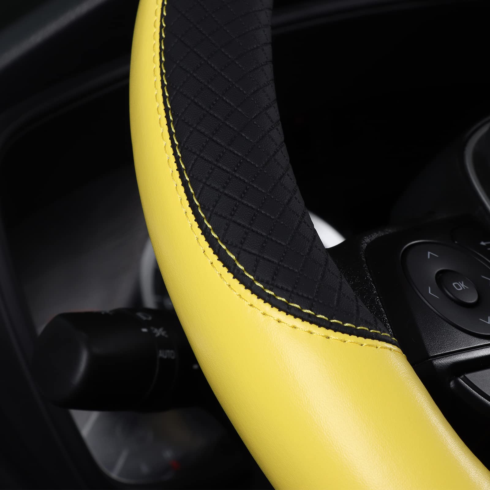 Follicomfy Auto Car Genuine Leather Steering Wheel Cover Anti Slip Wrap 15'' (Yellow)