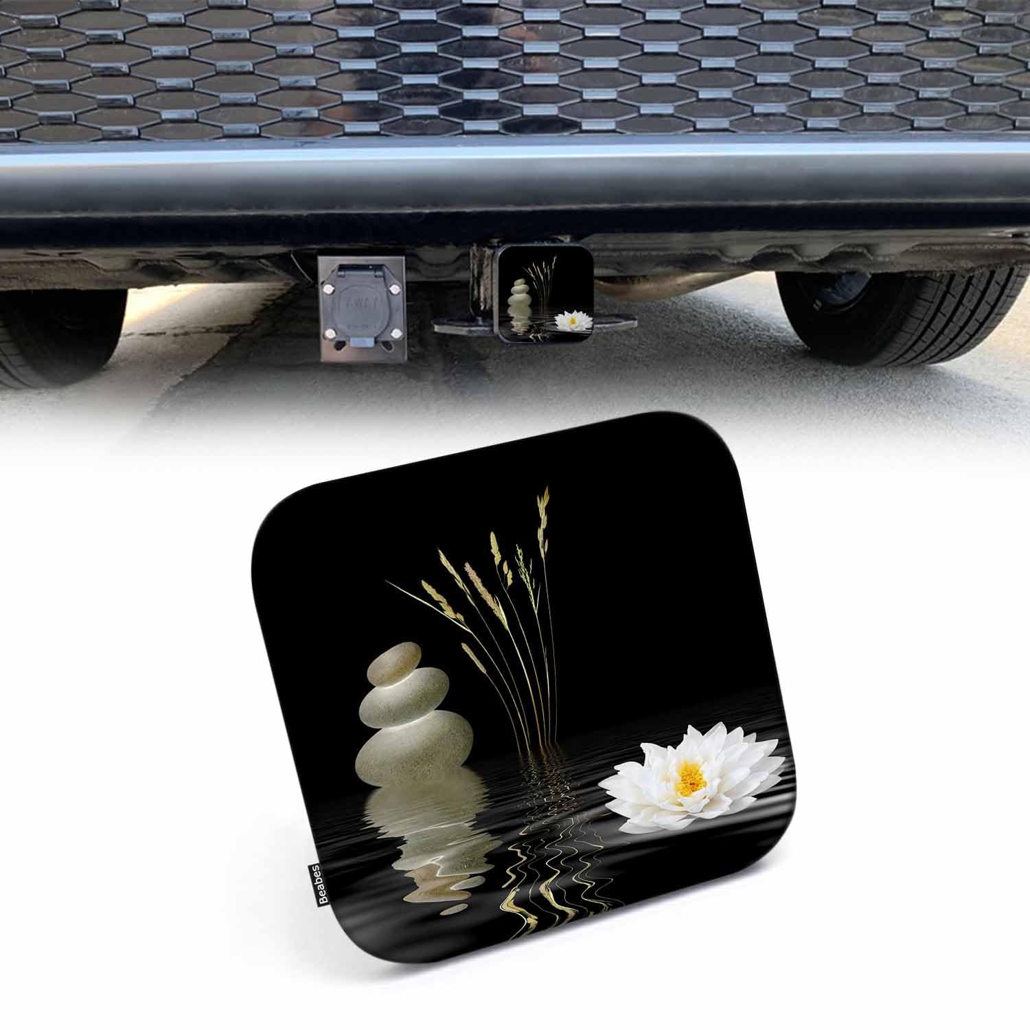 Beabes Spa Stones Tow Trailer Hitch Cover Plug Insert, Japanese Spa Stones White Lotus Rippled Water Receiver Hitch Cover Tow Hi