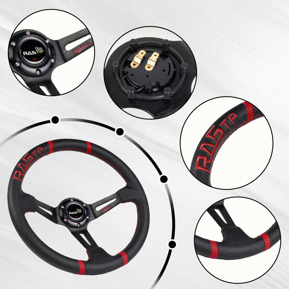 RASTP Universal Racing Steering Wheel,Deep Dish Steering Wheel Leather Embroidery 13.58”/345mm 6 Bolts with Horn Button Include Cable, Wrench,Black