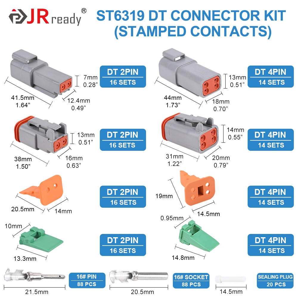 Jrready Deutsch Connector Kit 2-Pin 4-Pin Dt Series Gray Waterproof Connector, 88 Pcs Stamped Formed Contacts(14-18Awg), Deutch