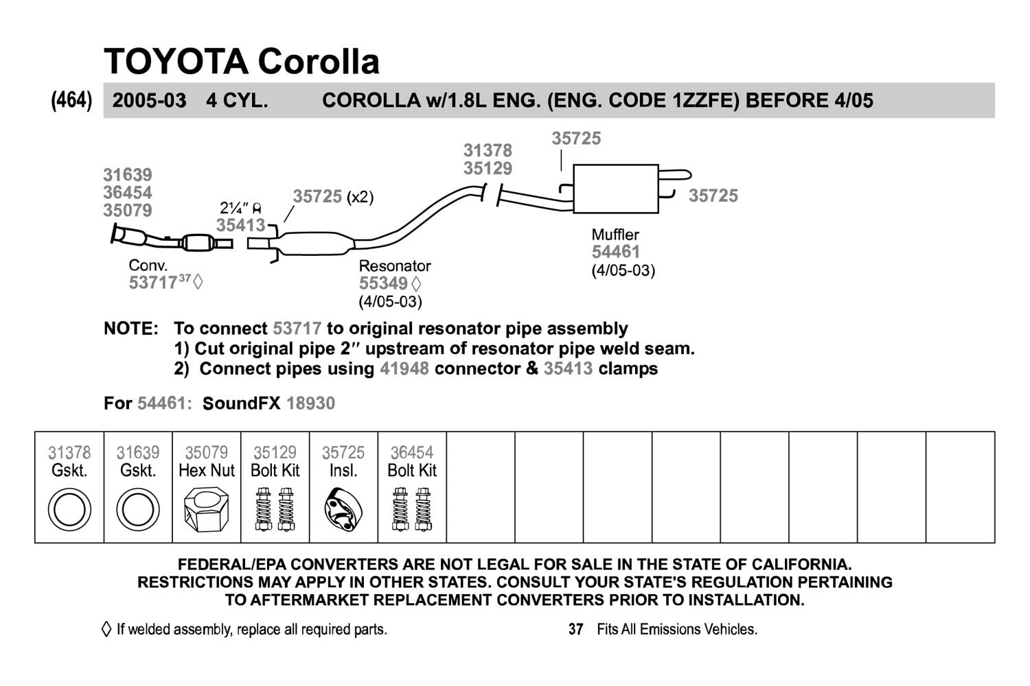 Walker 55349 Direct Fit Exhaust Resonator And Pipe Assembly 2.125 Inlet (Id) For Toyota Corolla