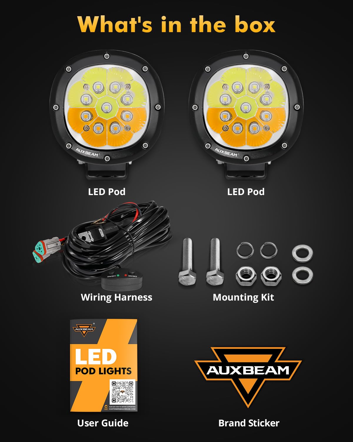 Auxbeam 6 Modes Amber White Round Led Offroad Lights, 4Inch 90W Dual Color Strobe Light Bar Off Road Fog Lights, Spot Beam Flash