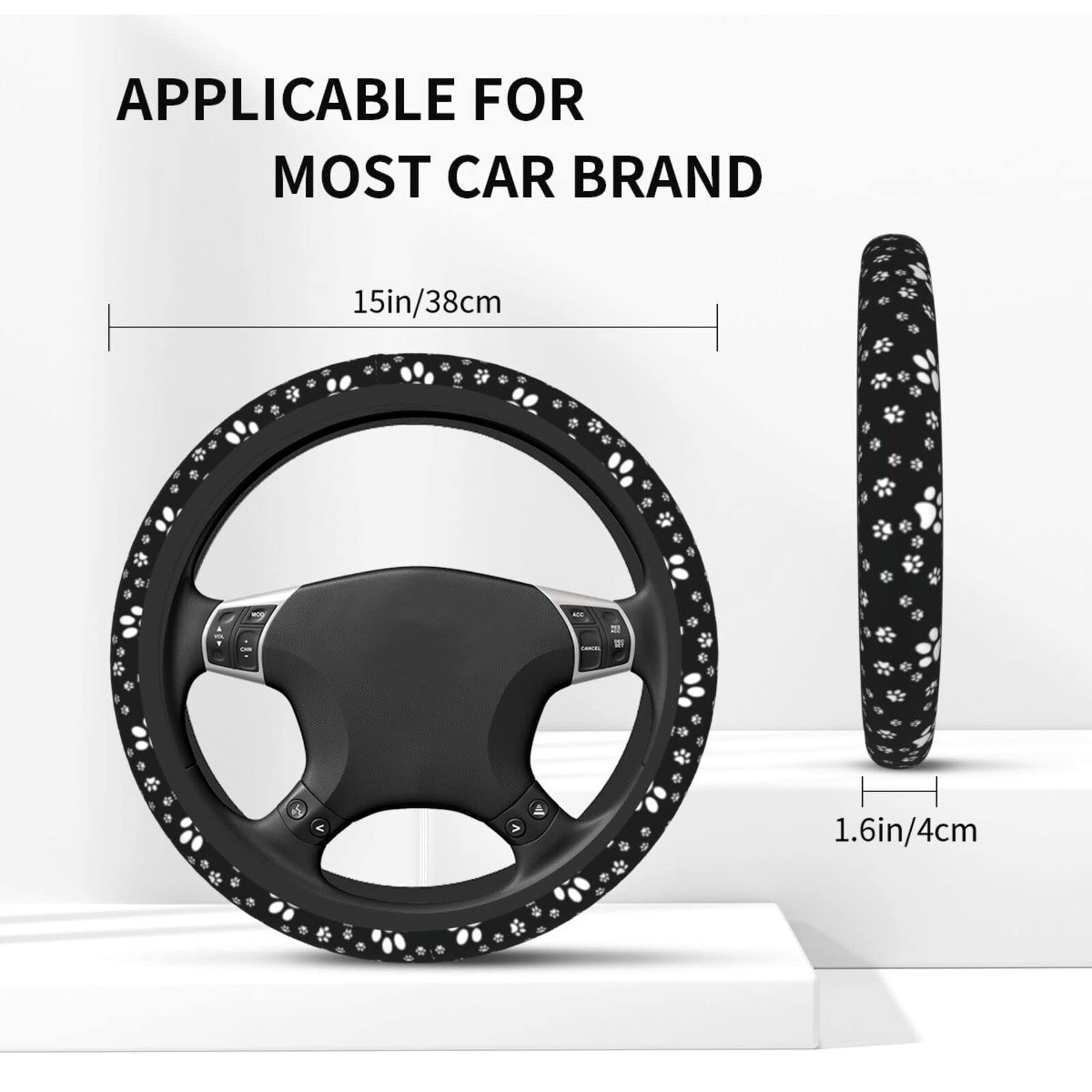 Paw Print Steering Wheel Cover for Women Men with 2 Pcs Car Coasters, Universal 14.5-15 Inch Cute Steering Wheel Covers Non-Slip