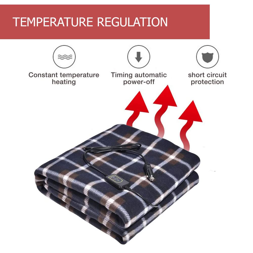 Amazingforless Plaid 12V Heated Fleece Car Blanket With Controller For Timer & Heat Levels Plaid Electric Car Blanket (Navy Plaid)