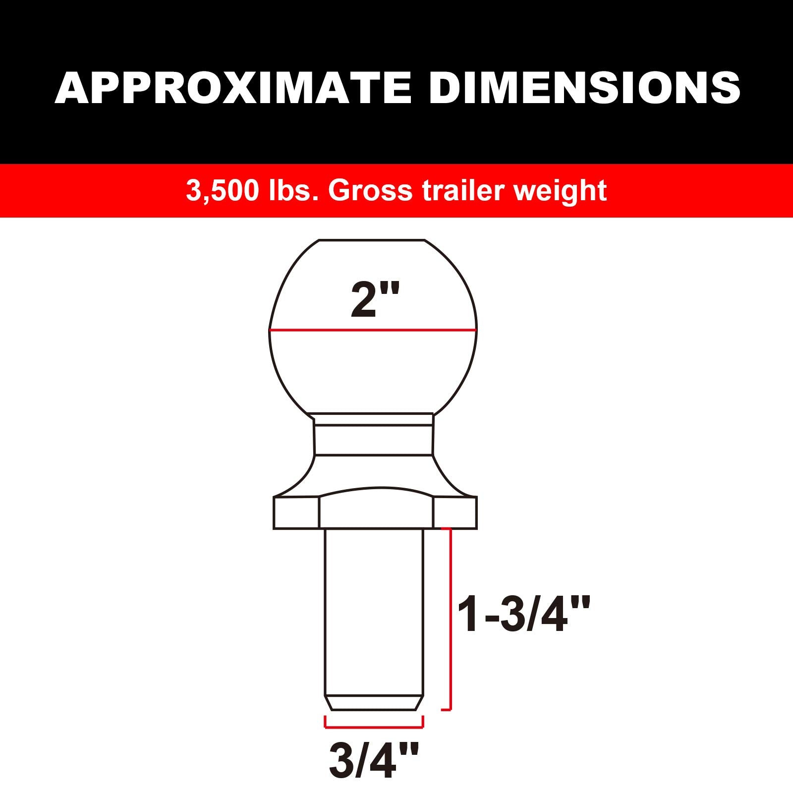 Big Red Atrly2019R Torin Trailer Hitch Ball, 2 Inch Diameter, 1.75 Ton (3,500 Lbs), 3/4 X 1-3/4-Inch Shank, White