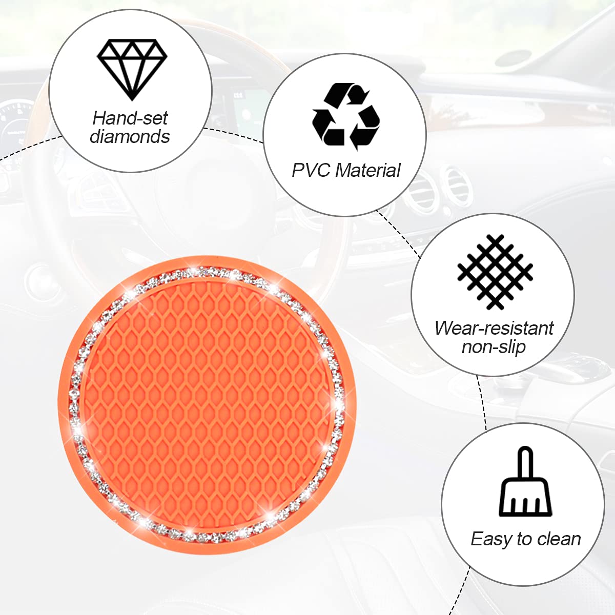 2Pcs Universal Bling Car Cup Coaster,Rhinestone Car Accessories 2.75 Inch Car Cup Holder Insert Mat Pad Set,Suitable For Most Car Interior (Orange)