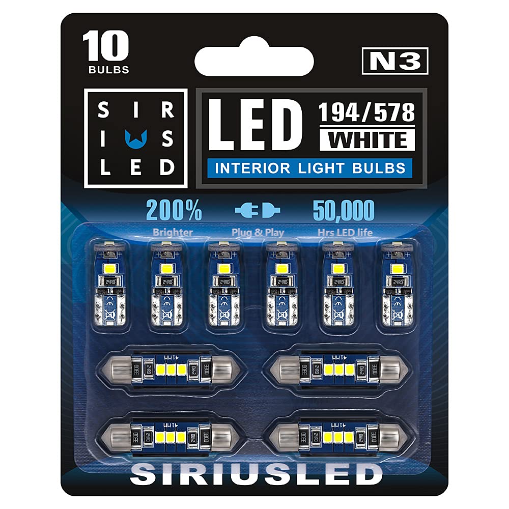 Sir Ius Led N3 578 211-2 212-2 41Mm And 194 168 2825 Combo Led Bulbs White Super Bright 300 Lumens For The Usa Car Truck Interiors Map License Plate Lights Pack Of 10