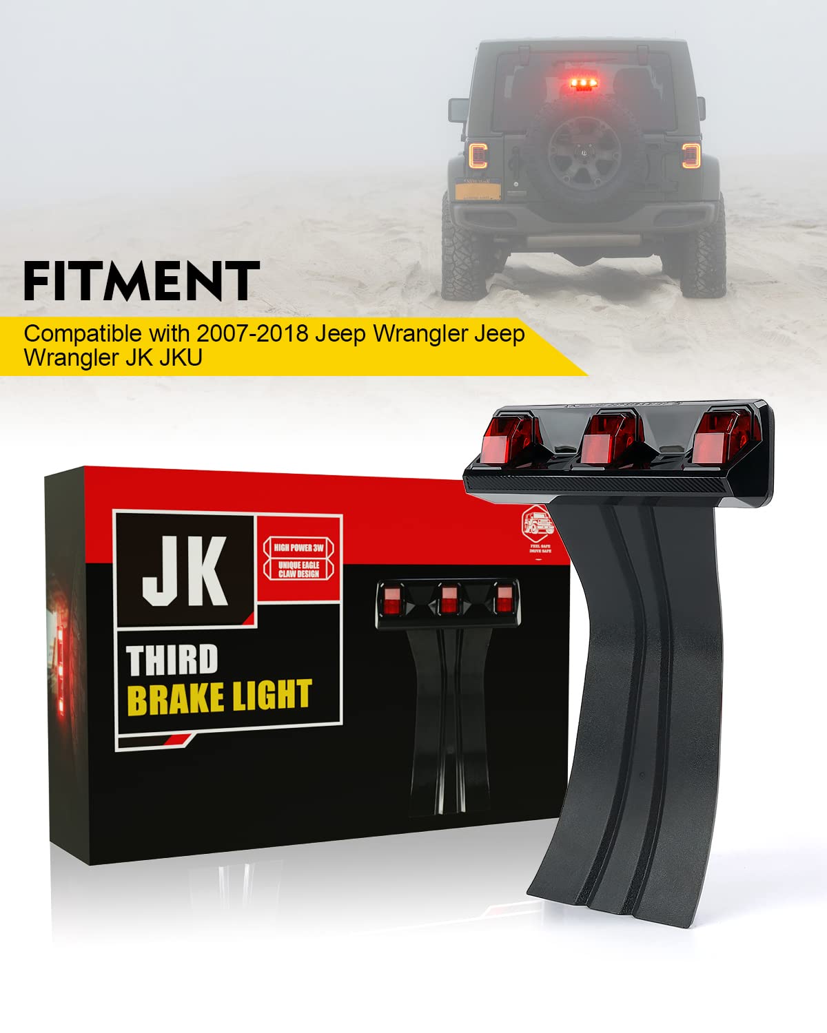 Xprite Led Third Brake Lights With Modern Designed, Brighter High Mount Stop Tail Light Compatible With Jeep Wrangler Jk Jku 200