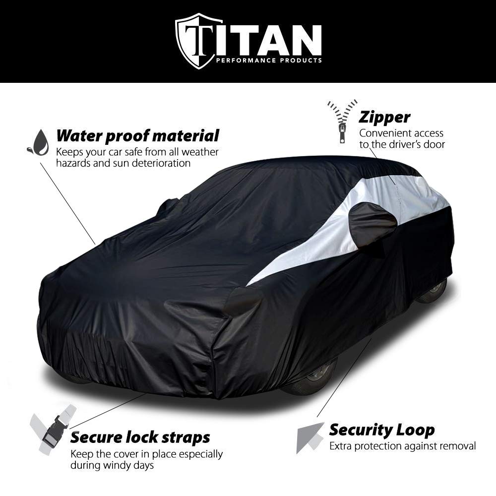 Titan Jet Black Poly 210T Car Cover For Large Sedans 203-212''. Waterproof, Uv Protection, Scratch Resistant, Driver-Side Zipper
