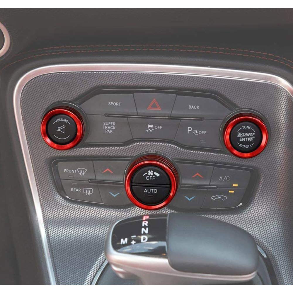 Keptrim Ac Knobs Air Conditioner Switch Button For 2015-2021 Dodge Challenger Charger Chrysler 300 300S, For 2013-2018 Ram, Red Aluminum, 3Pcs