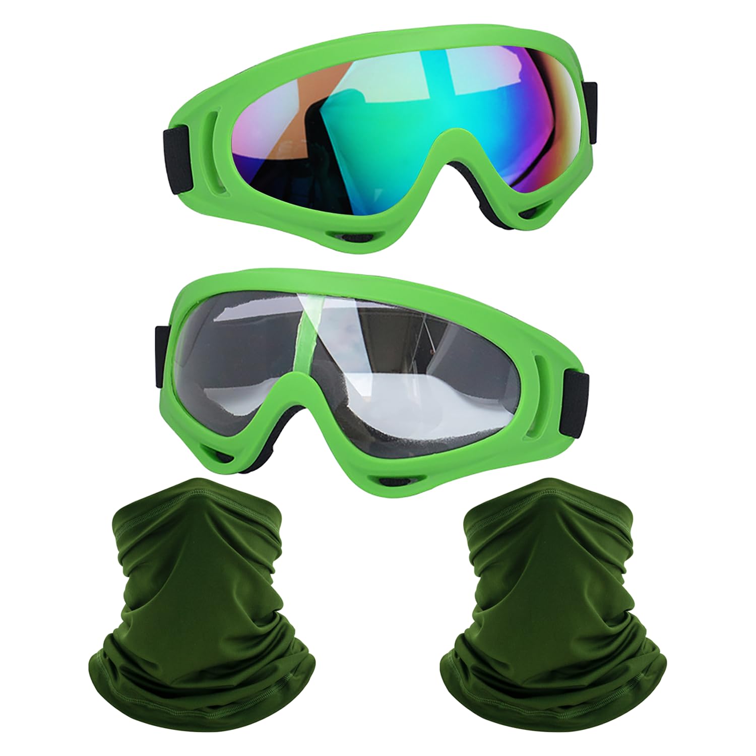 Ljdj Motorcycle Goggles,2 Pack Dirt Bike Atv Motocross Riding Hiking Protective With 2 Pack Neck Breathable Bandana Mask (Green/
