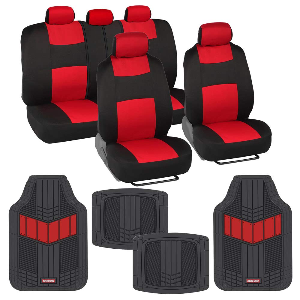 Bdk Two-Tone Polypro Car Seat Covers Full Set With Motor Trend Heavy Duty Rubber Car Floor Mats, Black & Red - Interior Covers For Auto Truck Van Suv