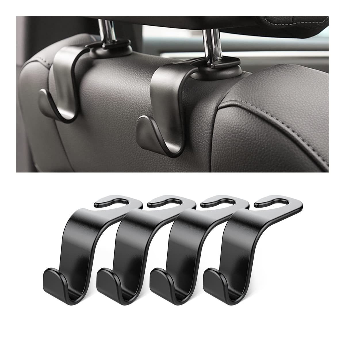 Car Back Seat Headrest Hooks, 4 Pack Black Stylish Back Seat Hanger For Car Handbag Clothes Coats Grocery Bags, Car Interior Acc