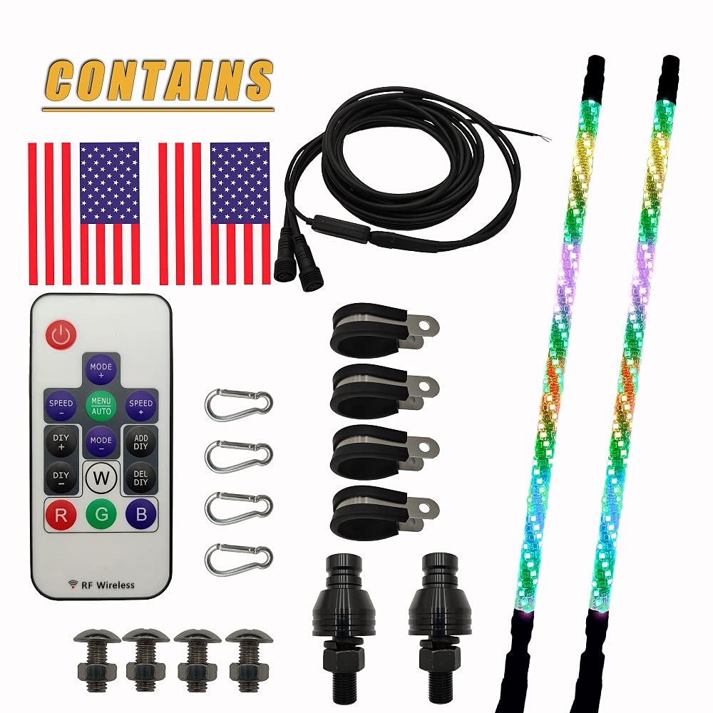 2Pcs 3Ft Led Whip Lights With Remote Control Spiral Rgb Chase Light Offroad 360Spiraling Rising Dream Wrapped Dancing Whips For