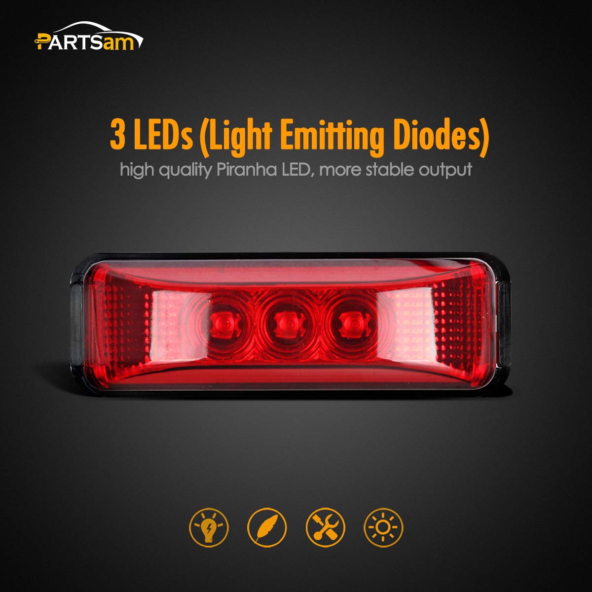 Partsam Pair 3.9' Side Marker & Clearance Light Red Waterproof Black Base Mount 3Led, Sealed Thin Line Led Trailer Marker Clearance Or Id Lights W/Miro-Reflectors