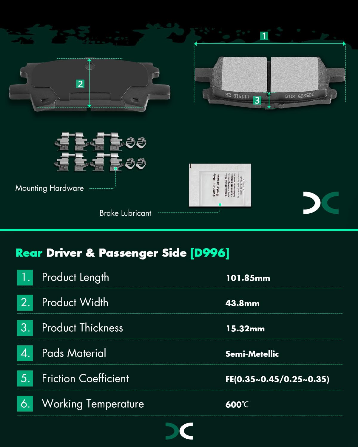 Scitoo D996 Semi-Metal Brake Pads Kits Rear Replacement For Lexus Rx330 2004-2006,For Lexus Rx350 2007-2009,For Toyota For Highl