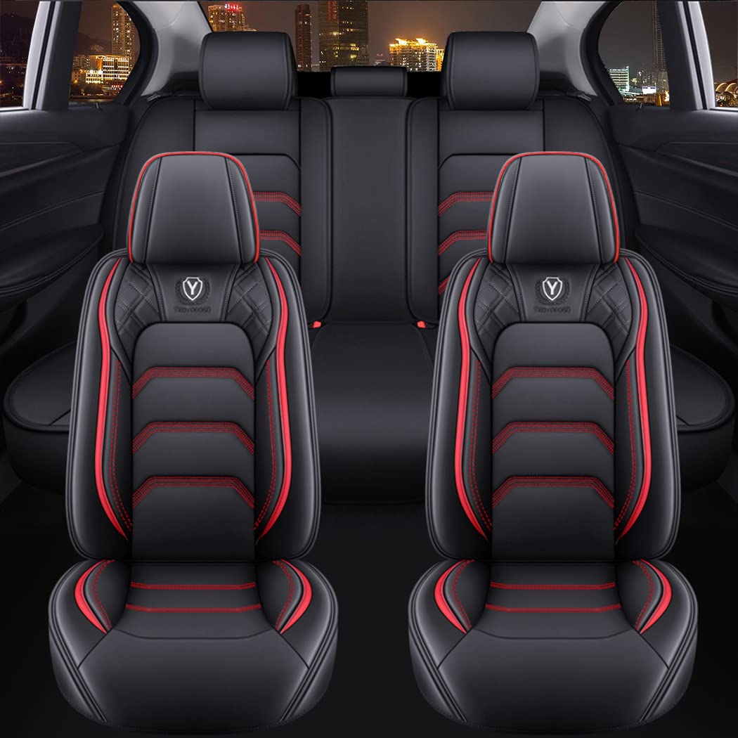 YXQYOEOSO Comfortable Leather Car Seat Covers Full Set 5 Seats Universal Fit, Black & Red, Model YOEOSO2021A