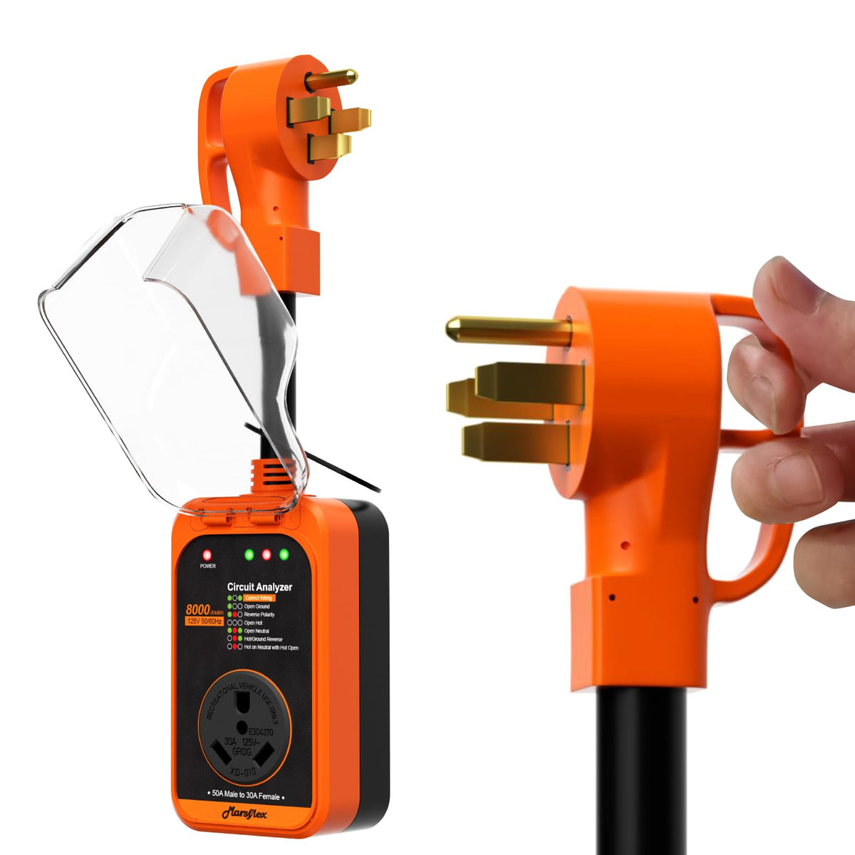 Marsflex Rv Surge Protector, 50 Amp To 30 Amp Rv Circuit Analyzer,8000 Joules Surge Protection With Waterproof Cover, 14-50P Mal