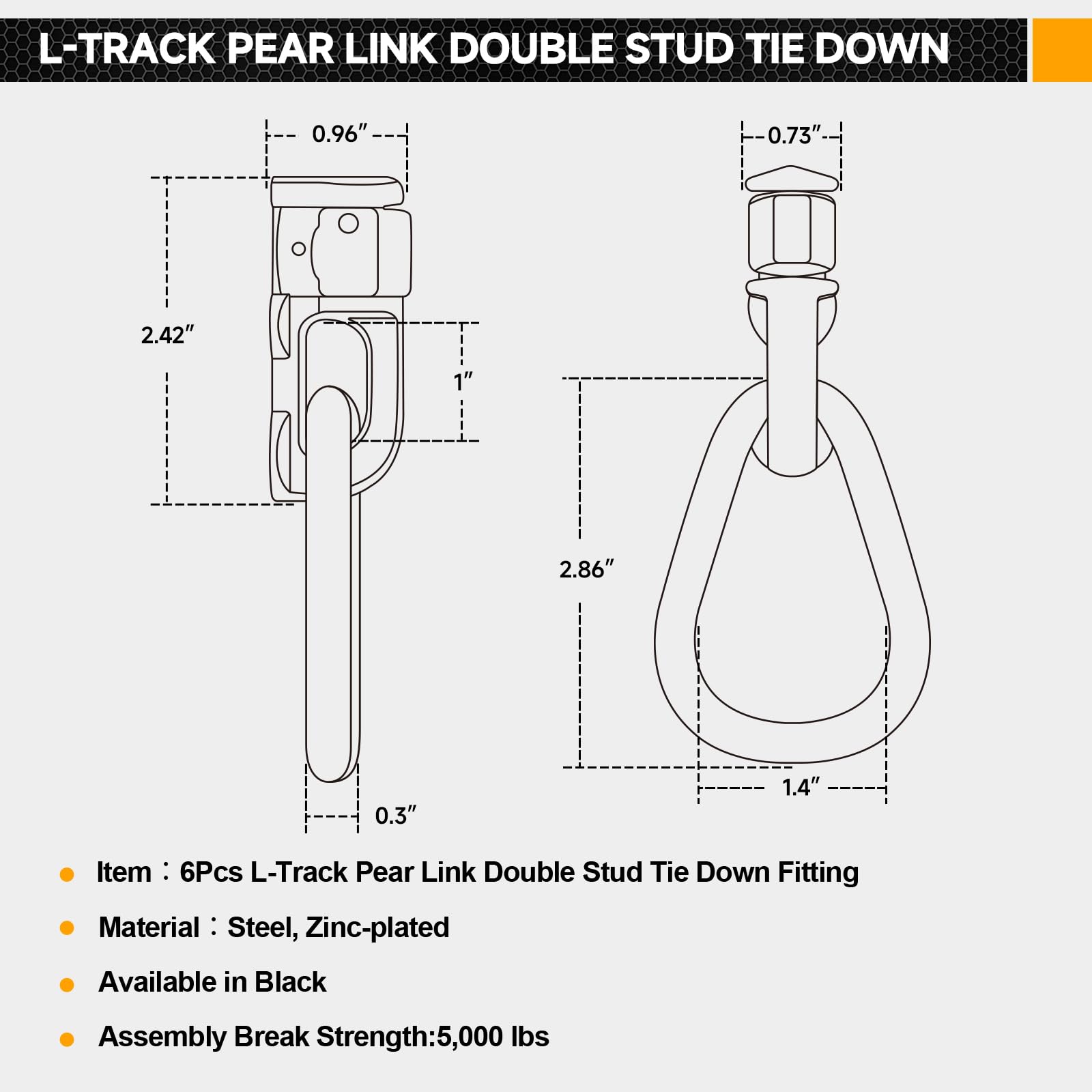 L-Track Double Stud Tie Down Fitting with Pear Link | Used with L Track Rail for Truck Bed,Trailer Cargo Control,Pickup,RV,ATV,B