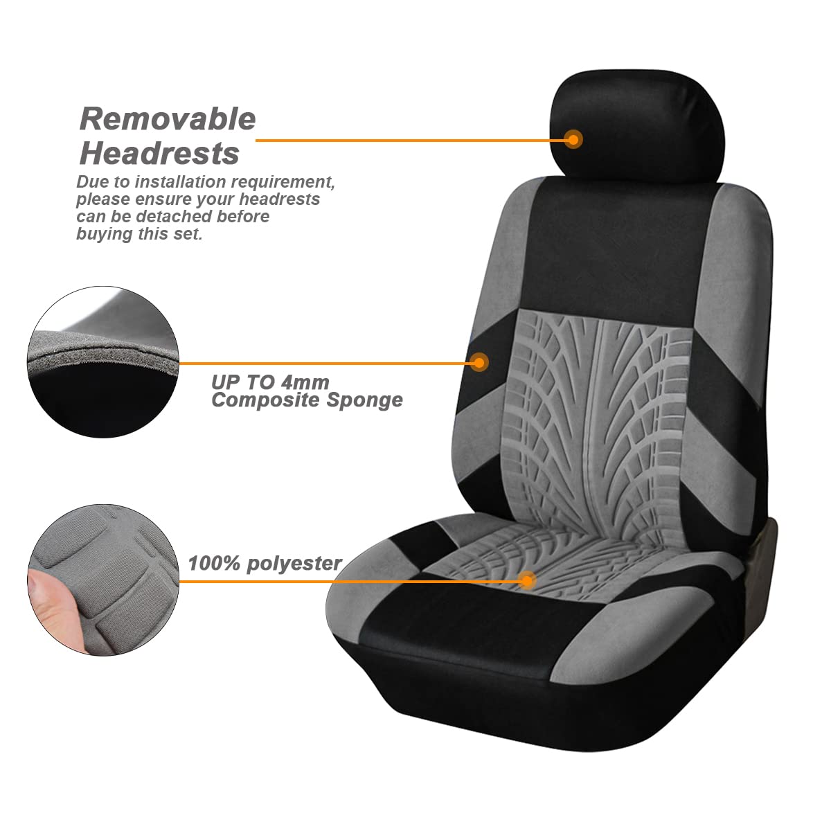 Car Seat Covers Full Set, Polyester Front Bucket Seat Protectors With Split Bench Back Seat Covers, Breathable Thicken Premium Sporty Seat Cushions, Auto Accessories For Car, Suv (Gray/Front,Back)