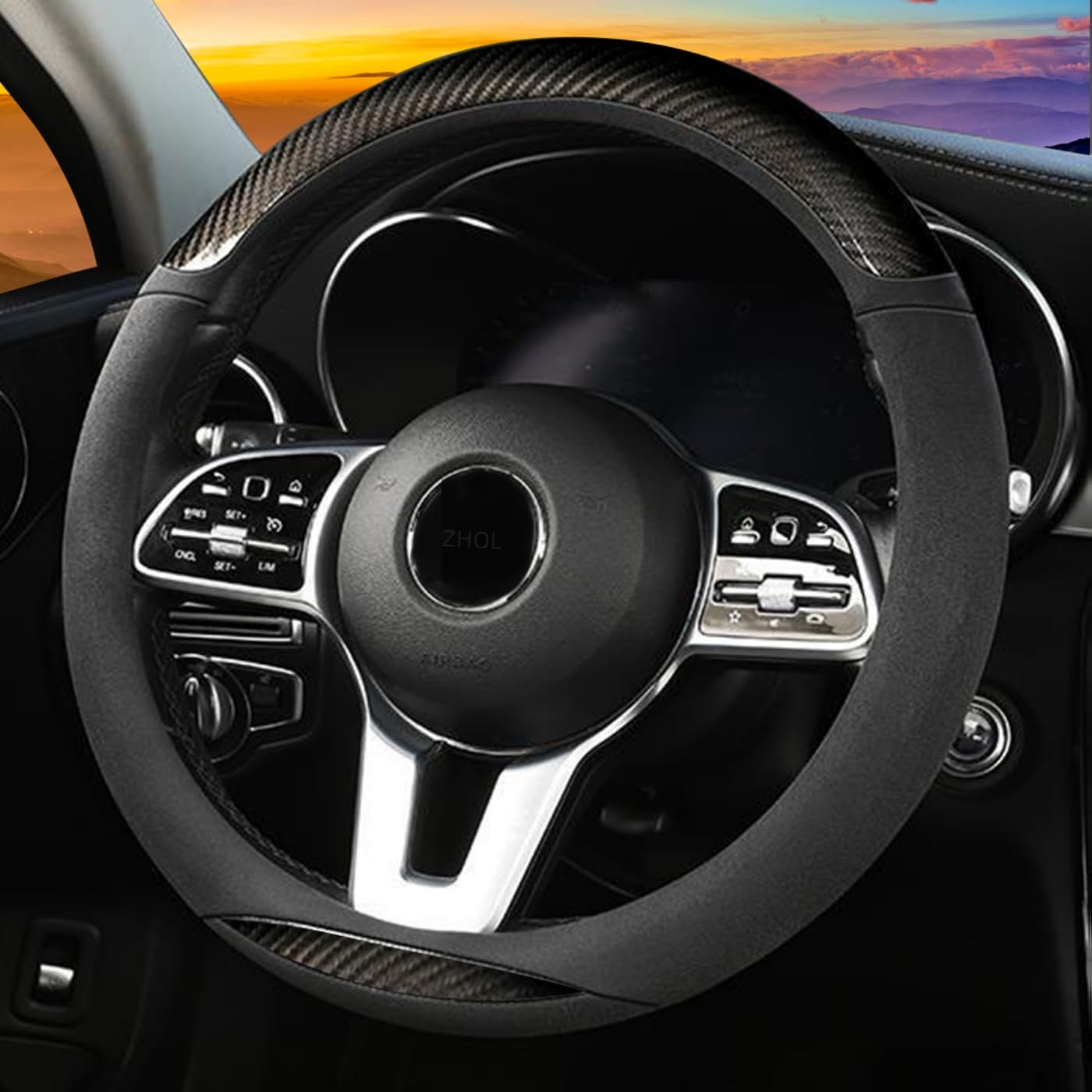 ZHOL Carbon Fiber Suede Steering Wheel Cover Universal 15 Inch Car Interior Accessories Comfortable Anti-Slip and Odorless Car S