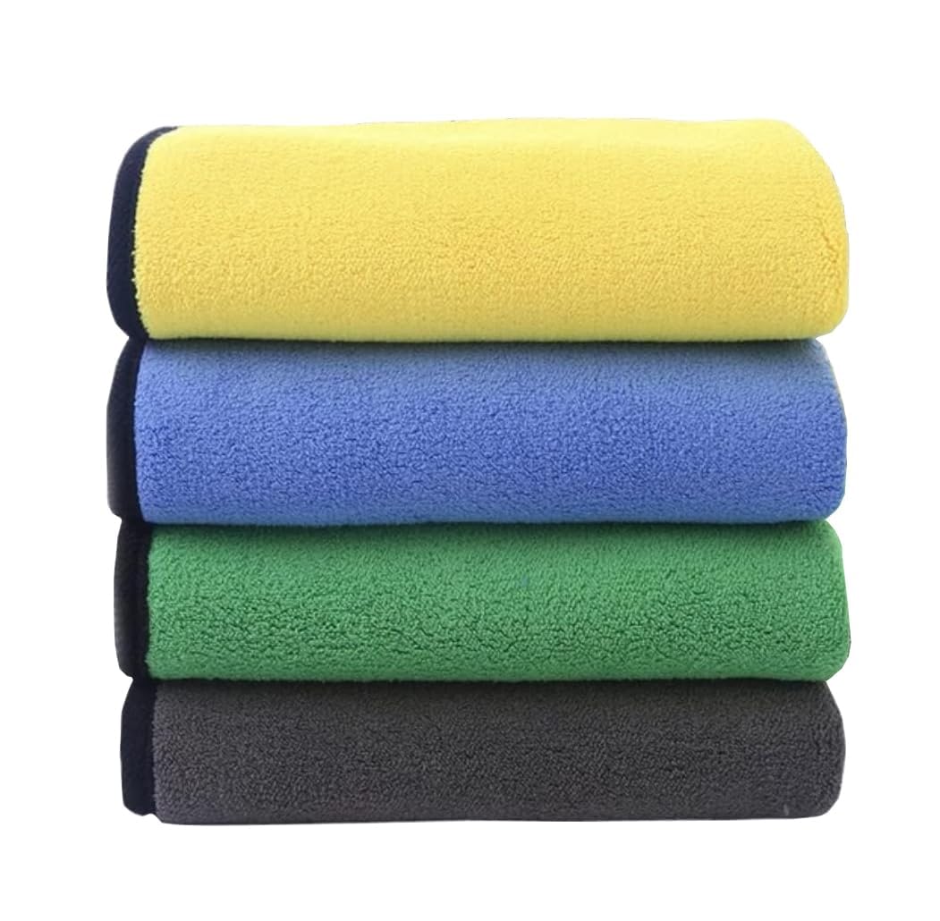 Vaxcilx Microfibre Car Cleaning Towels, Pack of 4, DualSided, Yellow, Blue, Green and Grey