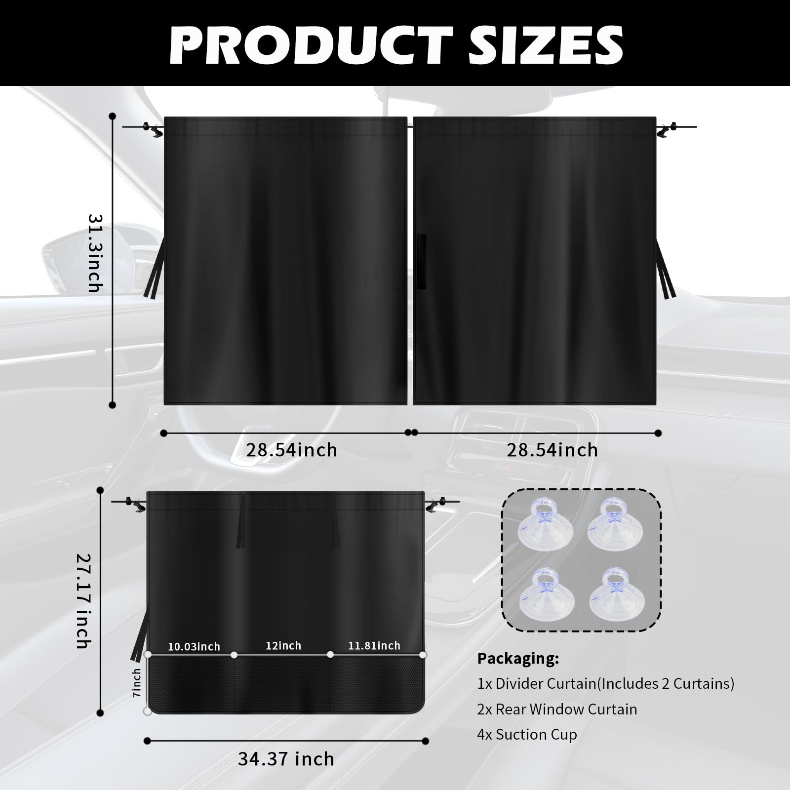 3PCS Car Window Shades for Privacy,Upgraded Side Car Curtains with Storage Pockets & 4PCS Suction Cups for Sun & Thermal Insulat