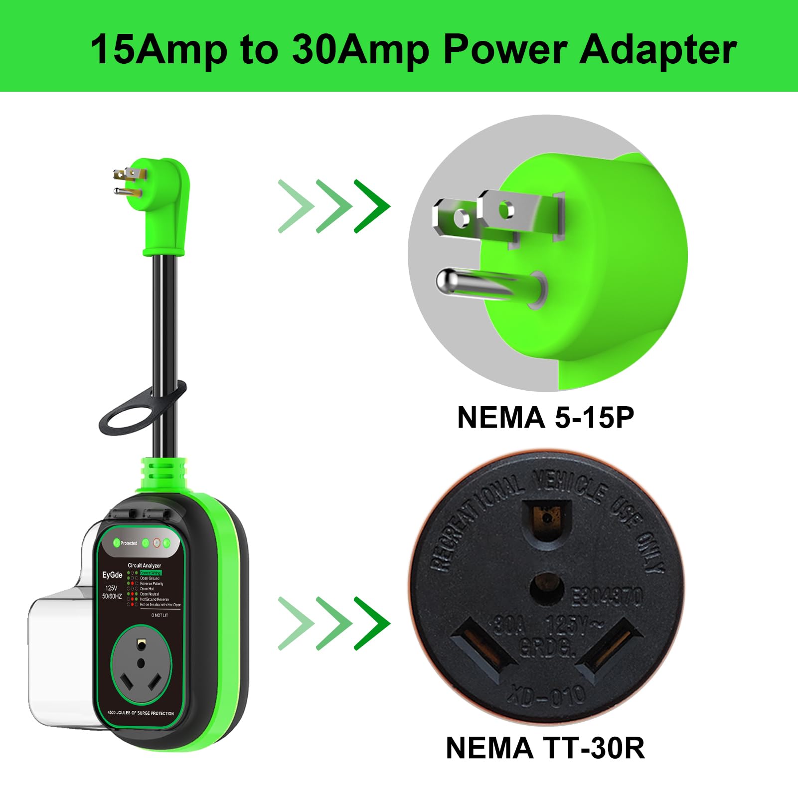 Eygde 15 Amp To 30 Amp 110 Rv Adapter With Surge Protector, Patented 4500J 5-15P Male To Tt-30R Rv Adapter Plug Rv Circuit Analyzer Voltage Protector With Waterproof Cover, For Camper Travel Trailer