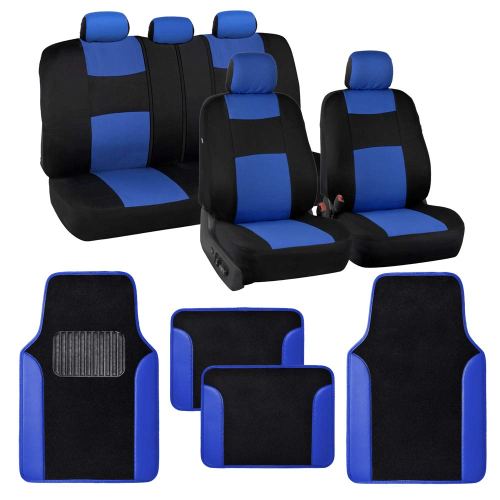 Bdk Polypro Blue Car Seat Covers Full Set With 4-Piece Car Floor Mats - Two-Tone Seat Covers For Cars With Carpet, Interior Cove