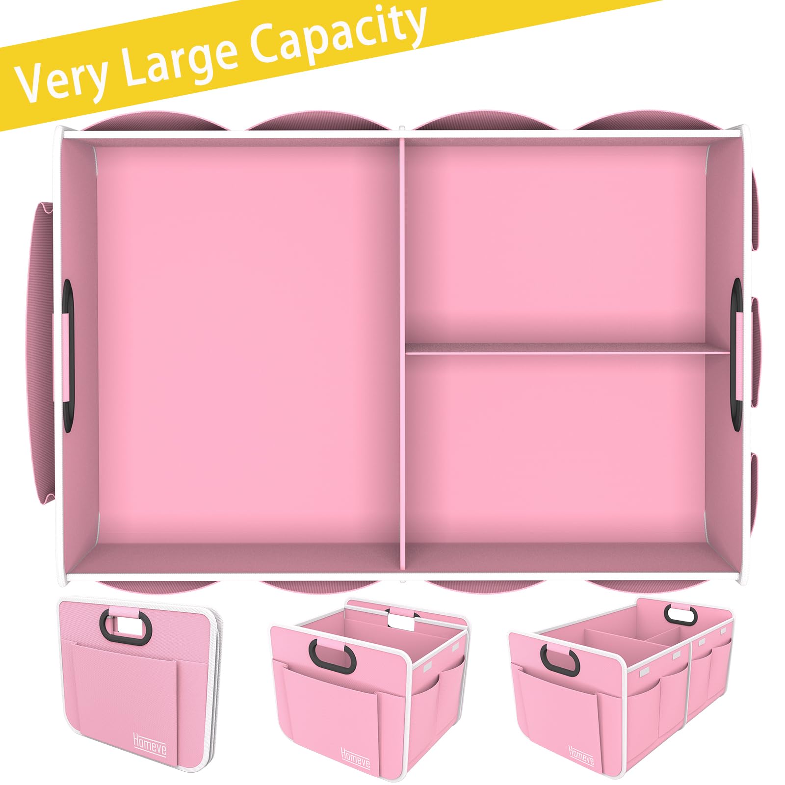 Homeve Car Trunk Organizer, Car Storage, Reinforced Handles, Collapsible Multi-Compartment Car Organizers (Pink, 2 Compart)