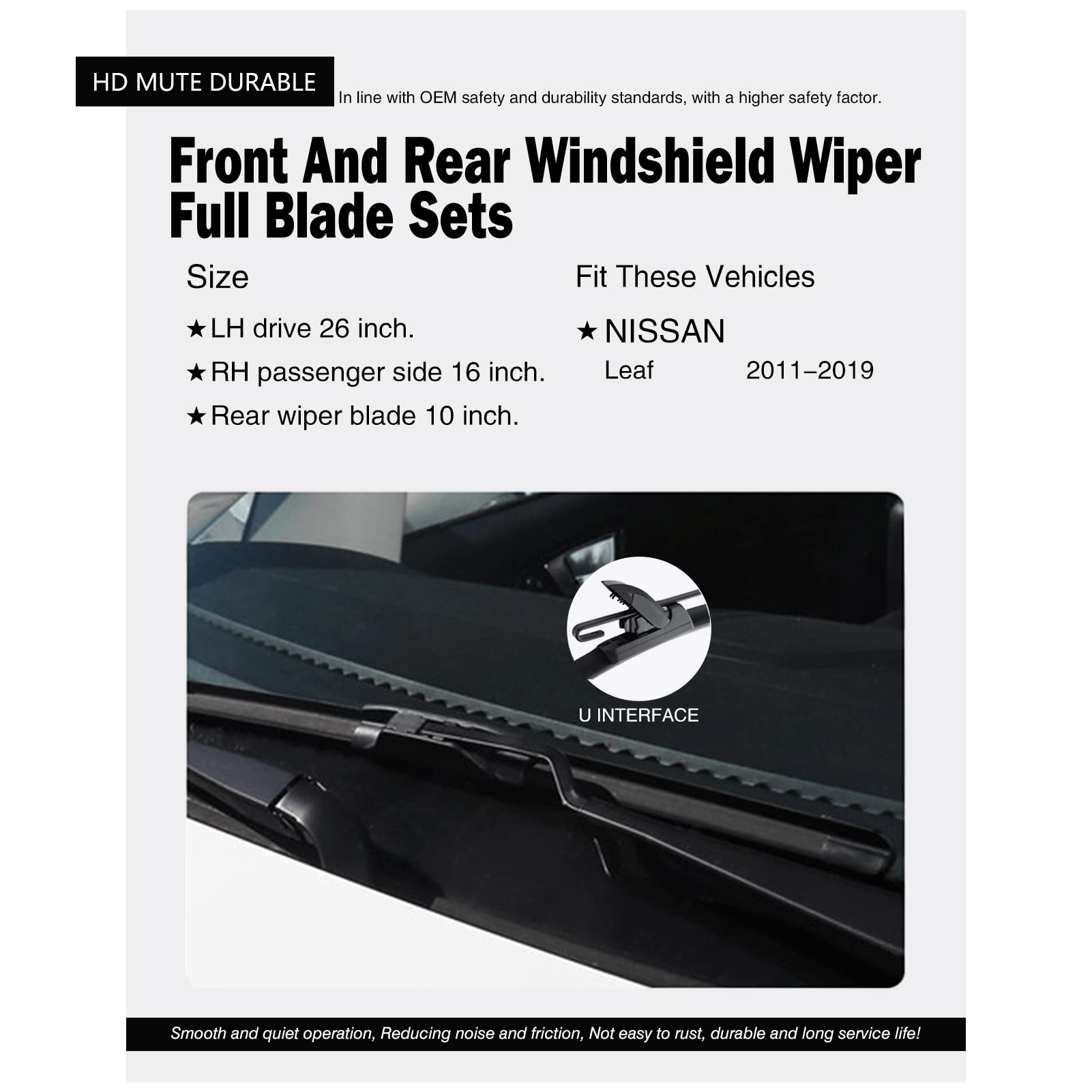 Replacement For Nissan Leaf 2011-2019 Silent Wipers -Fapiuo Front And Rear Windshield Wipers 26''/16''+10'' Full Blade Set (3 Pa