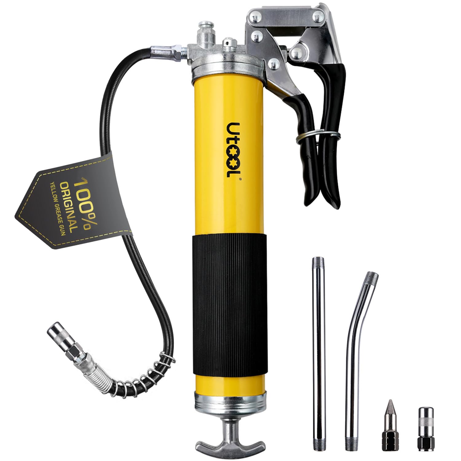 Utool Grease Gun, 8000 Psi Heavy Duty Pistol Grip Grease Gun Set With 14 Oz Load, 18 Inch Spring Flex Hose, 2 Working Coupler, 2