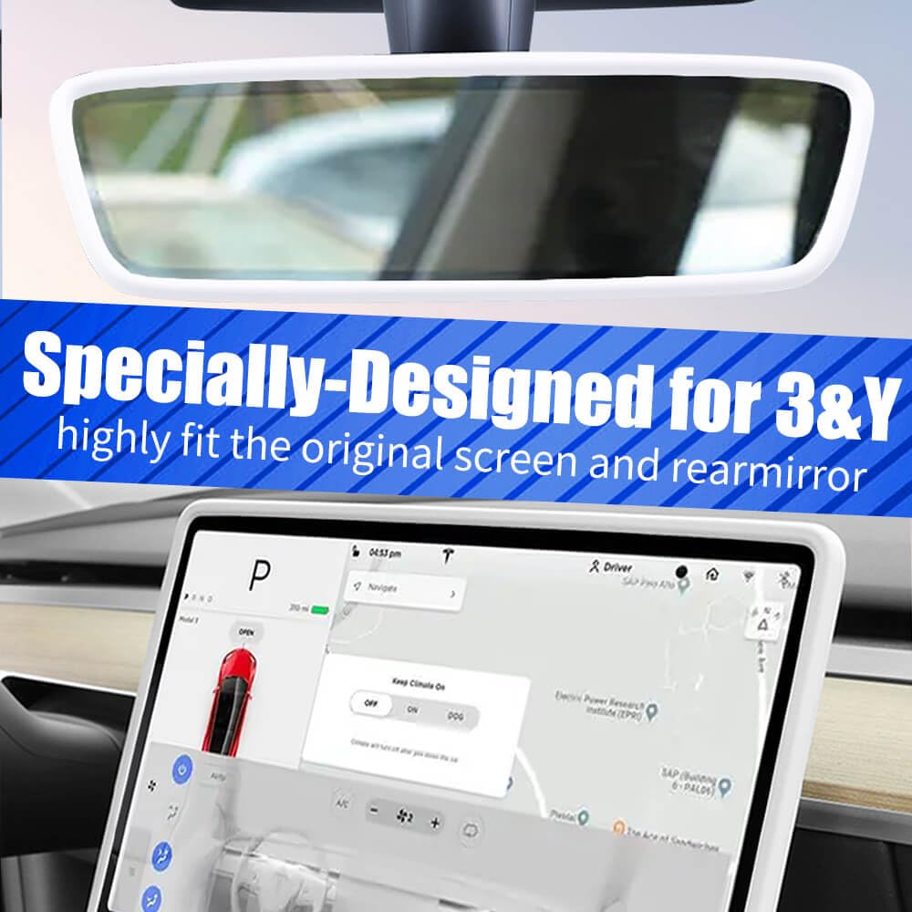 Yeapop 2Pcs Silicone Protector Frames Of Screen And Rear View Mirror For Tesla Model 3 2017-2023 And Model Y 2019-Feb.2025. (White)