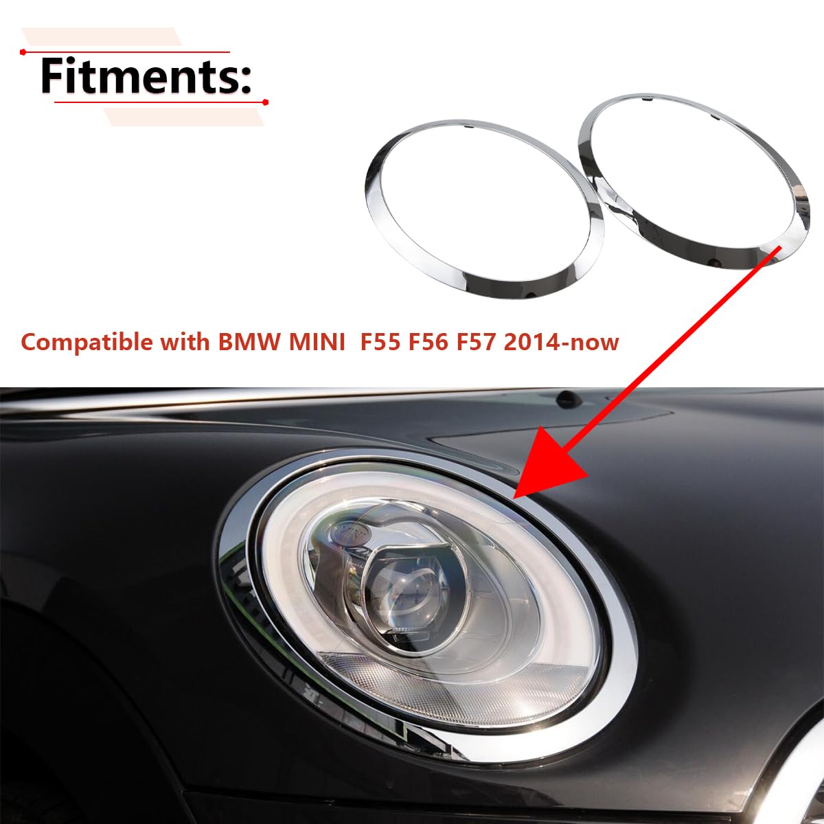 Rlb-Hilon Headlight Trim Ring Compatible With Mini Cooper F55 F56 F57 2014 2015 2016 2017 2018 2019 2020 2021 Year, 1Pair Chrome Headlight Bezel For Driver And Passenger Side