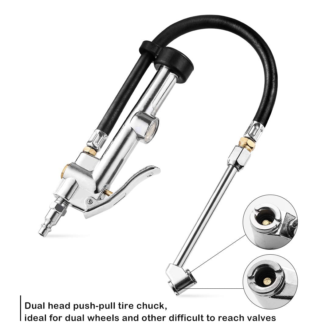 CZC AUTO Tire Inflator Air Pressure Gauge with Rubber Hose, 10-120PSI Dual Head Heavy Duty 1/4' FNPT Tyre Inflator Gage Compatible with Air Pump Compressor for Truck RV Bus Car Motorcycle Bike