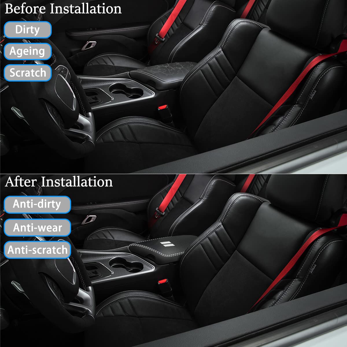 Yofamo For Dodge Challenger 2015-2023 Car Armrest Cover Waterproof Center Console Pad Covers Scratch Resistance Box Cover Leathe