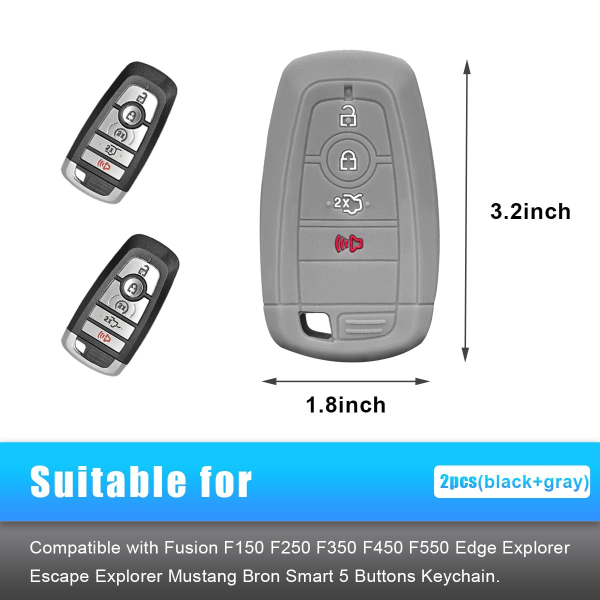 Suvnie 2 PCS Silicone Key Fob Cover, Smart 5 Buttons Key Fob, Automotive Remote Key Protection Case, Compatible with F150 F250 F