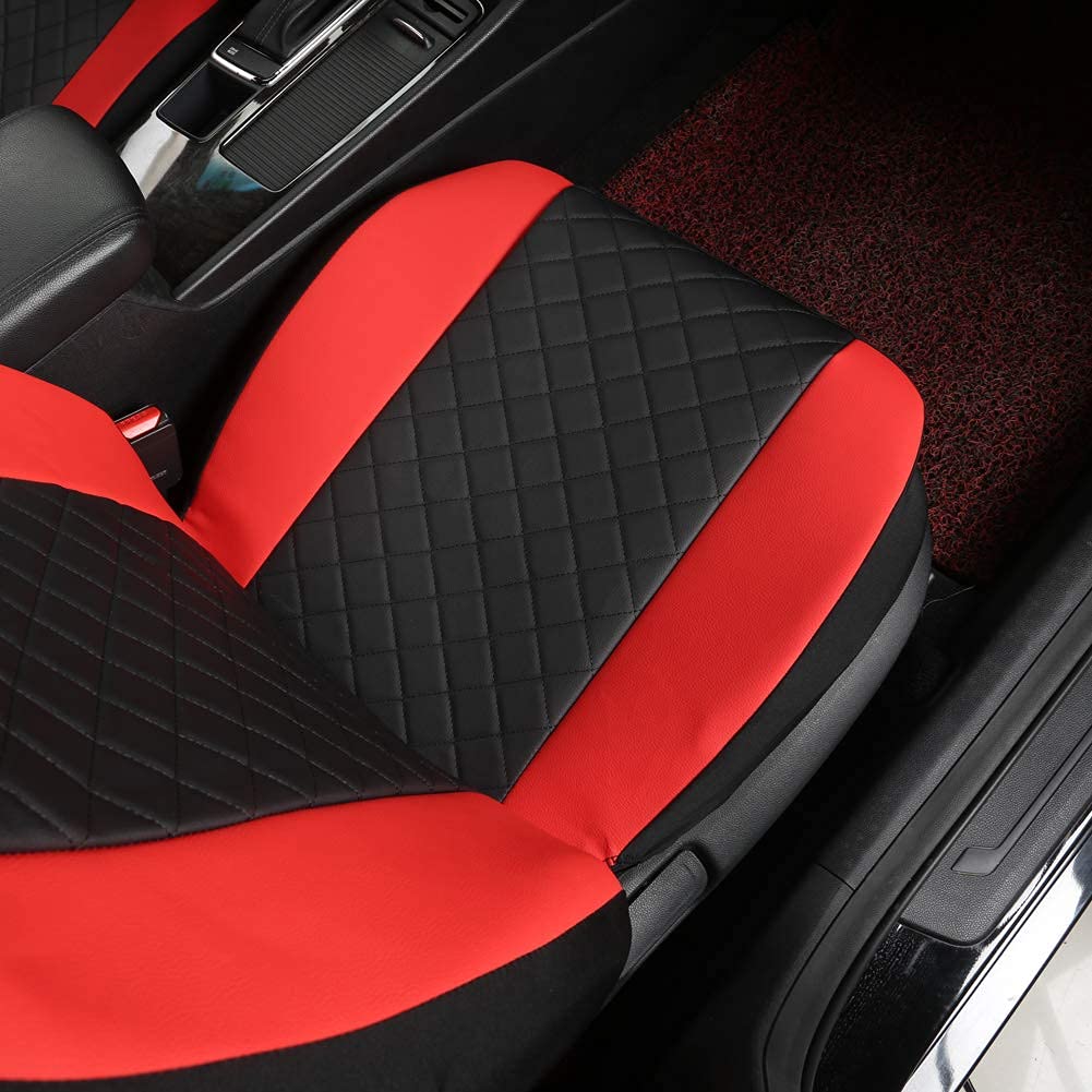 Giant Panda Front Car Seat Covers, Bucket Seat Covers, Leather High Back Auto Seat Covers For Cars, Trucks, Jeep, Van, Suv, Pickup, Airbag Compatible (Black + Red)