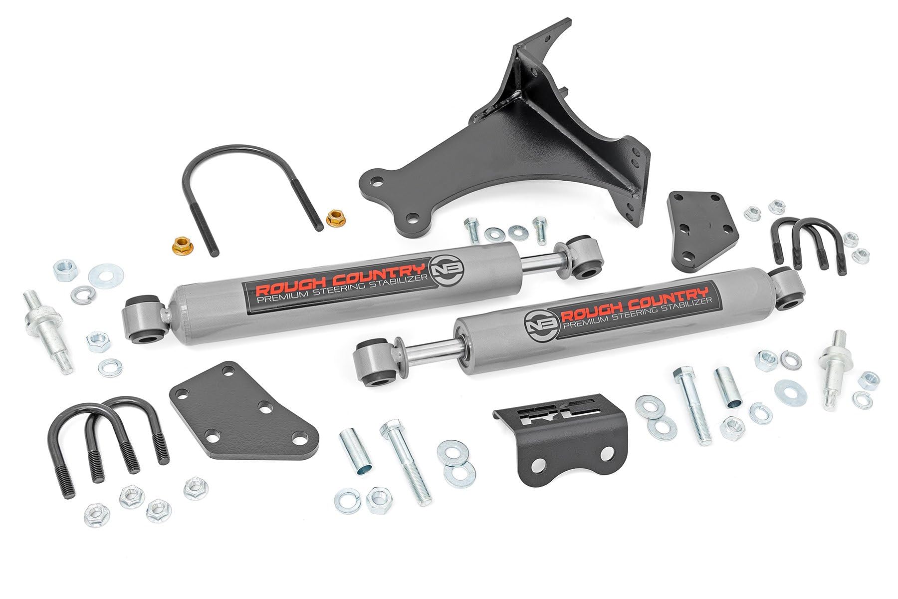Rough Country N3 Dual Steering Stabilizer - Alloy Steel, Metallic Silver, Model 8749130 for 05-24 Ford Super Duty