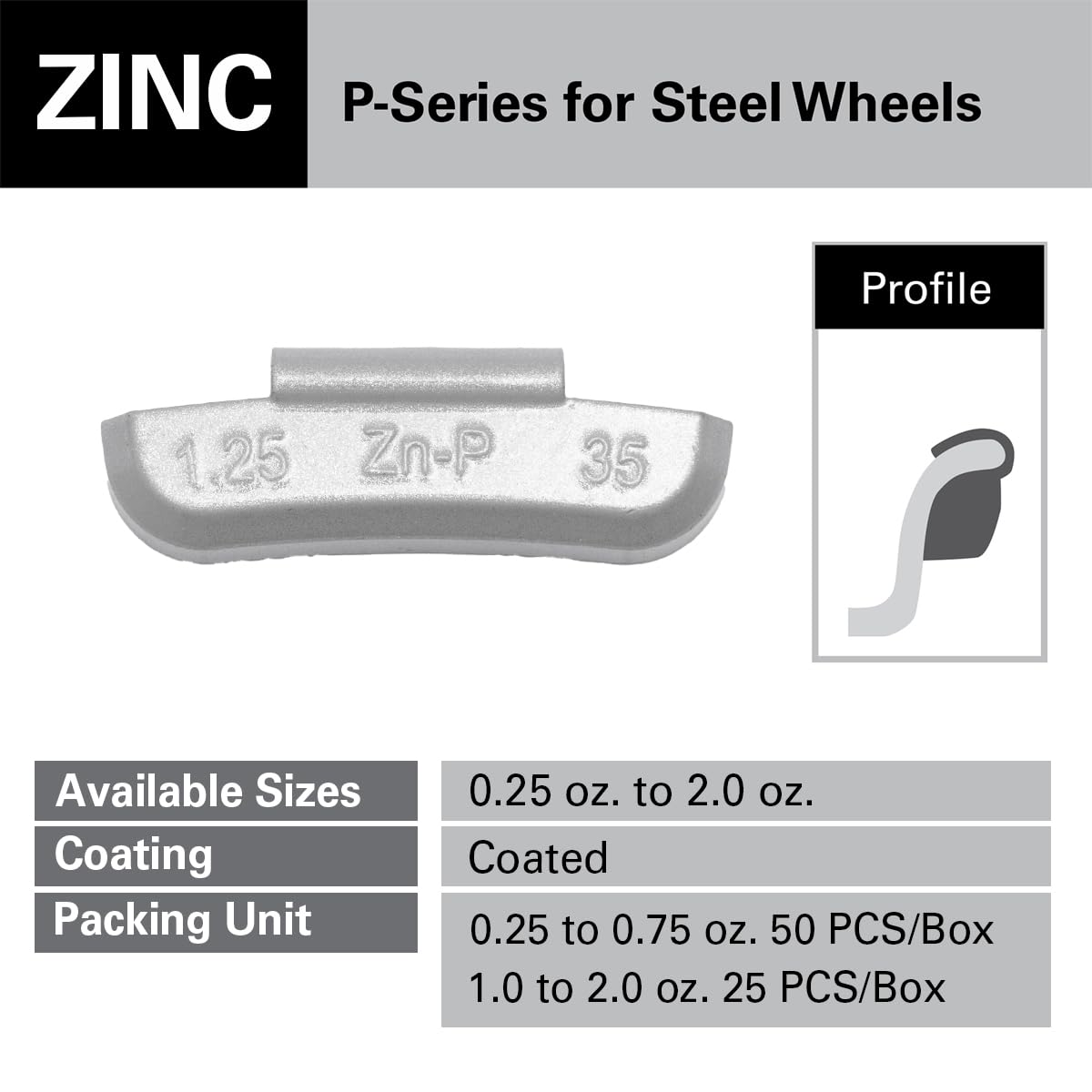 CKAuto P Series Zinc Clip on Wheel Weights 1.25oz, 5/4oz, Coated, 25Pcs/Box Fit for Steel Wheel