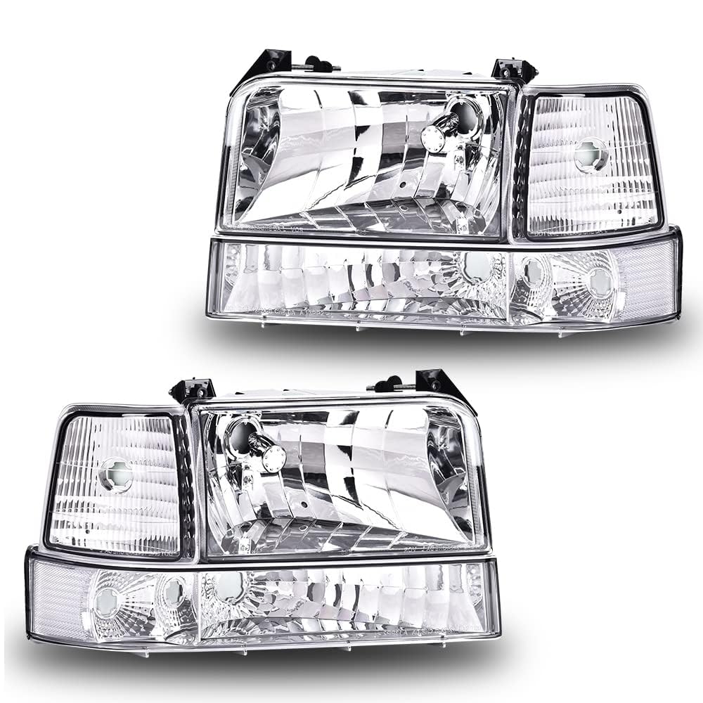 Cheda Headlights Assembly Compatible With 1992-1996 Ford Bronco F150/1992-1997 F250 F350 Super Duty W/Corner Signal Bumper Lamps