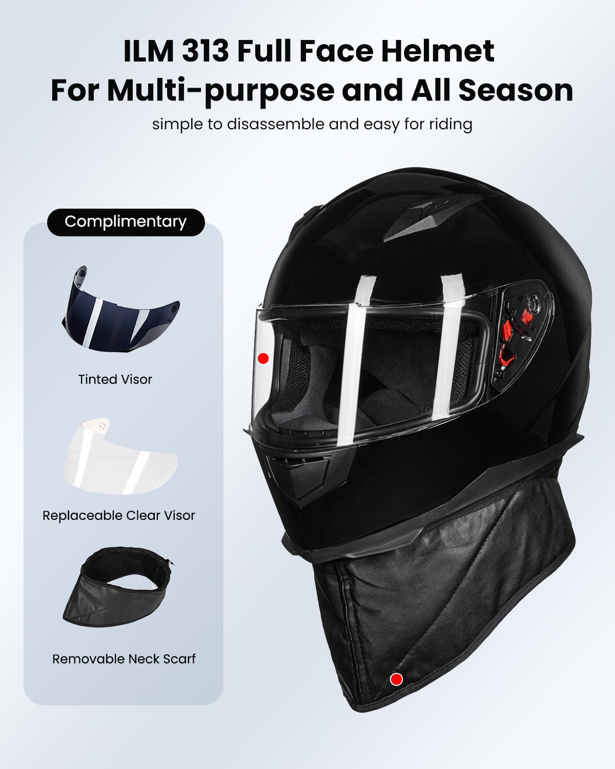 Ilm Full Face Motorcycle Street Bike Helmet With Removable Winter Neck Scarf + 2 Visors Dot Model-Jk313 (S, Gloss Black)
