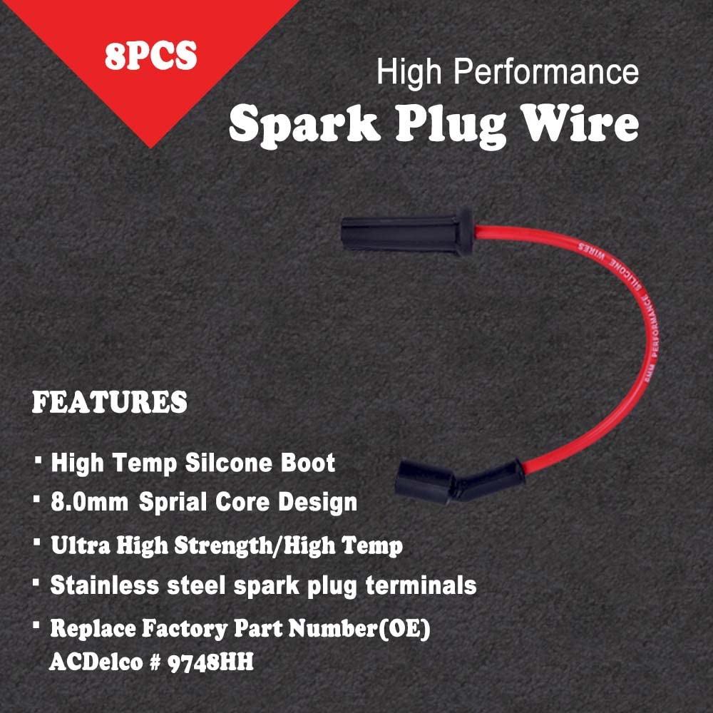 Rlp Set Of 8 Professional Spark Plug Wire 9748Hh 8.0Mm Red Compatible With Cadillac Escalade, Chevy Silverado Suburban Tahoe Gmc Sierra Yukon