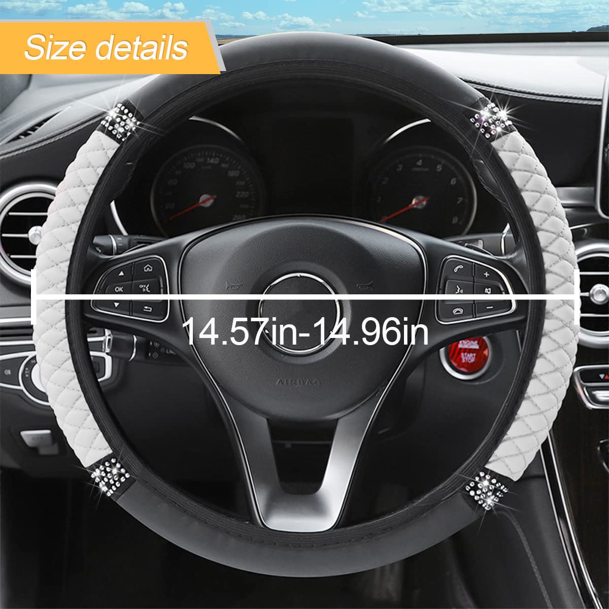 Leather Car Steering Wheel Cover, 15 Inch Colorful Rhinestones Elastic Auto Steering Wheel Protector, Bling Steering Wheel Cover