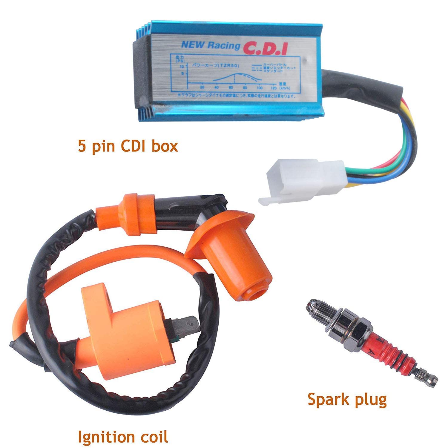 Poweka Racing Ignition Coil & AC CDI Box for GY6 50cc-150cc Scooter, ATV, Go Kart, Moped, Quad, Dirt Bike with 3 Electrode Spark Plug